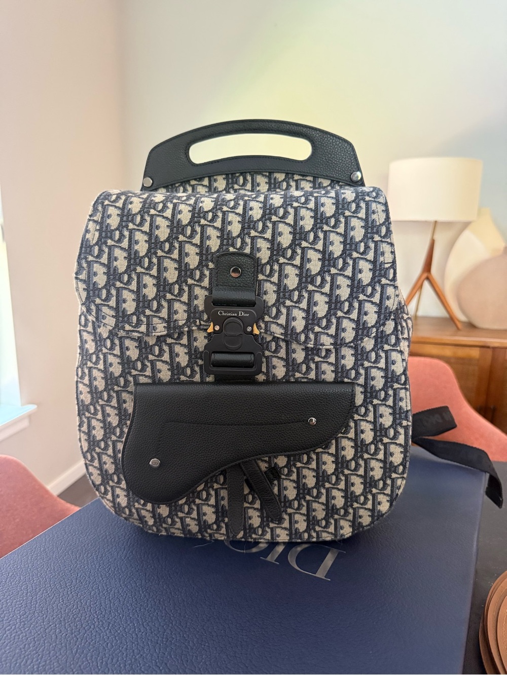 Dior Navy and White Oblique Monogram Backpack with Black Leather Trim